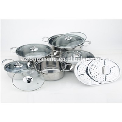 Silver Stainless Steel Camping Cookware Sets with Glass Lid