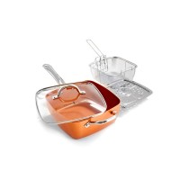 High Quality 4 Piece Deep Square Frying Pan Set with Glass Lid Fry Basket