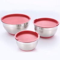 Set of 6 high quality stainless steel salad bowls with coloured plastic LIDS